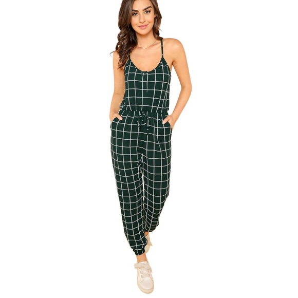 🟩 Dark Green Plaid Jumpsuit Playsuit Grid Pattern Geometric Stripe Cut Out Back - Picture 2 of 12